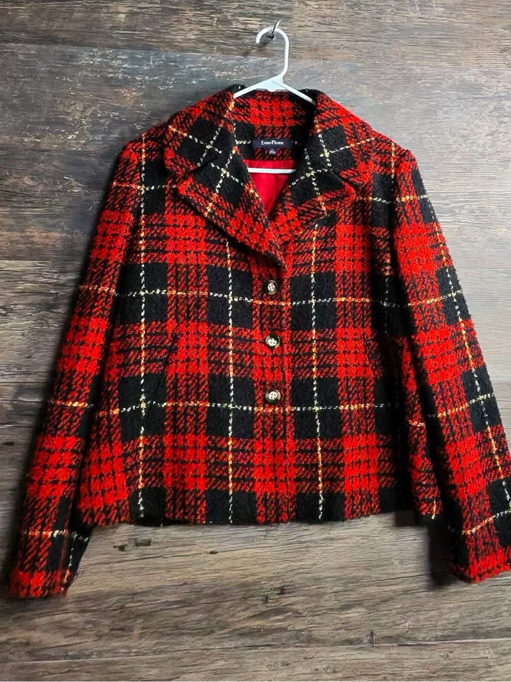 Evan Picone Red and Black Plaid Wool-Blend Jacket
